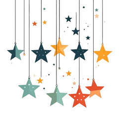 Festive Hanging Stars in Various Colors and Sizes Against a White Background