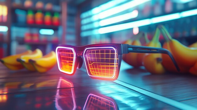 Smart glasses displaying digital ui in futuristic grocery store - Powered by Adobe