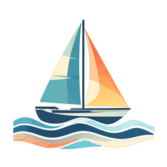 Sailboat on Colorful Wavy Water Graphic Illustration Vivid Geometric Design Blue Hull Red Orange Sails