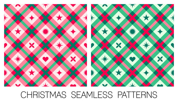 Set of red and green geometric symbol elements with plaid pattern design for christmas and new year background.