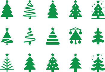 Green Christmas Tree Icons Set – Festive Evergreen Shapes & Holiday Symbol Collection
