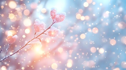 Fototapeta premium Snow-covered branches sparkle in gentle winter light creating a serene outdoor scene