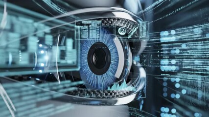 A futuristic robot eye scanning digital data. Close-up of a cyborg with a holographic information display. Artificial intelligence and machine learning technology concept - Powered by Adobe