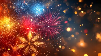 Bright fireworks burst in vibrant colors against a dark sky, creating a festive atmosphere during a nighttime celebration.