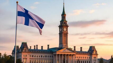 Finnish Flag Waves Proudly Over Historic Building at Sunset. - Powered by Adobe