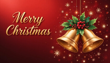 Festive Christmas Greeting Card With Gold Cursive Text And Shiny Bells On Red Background