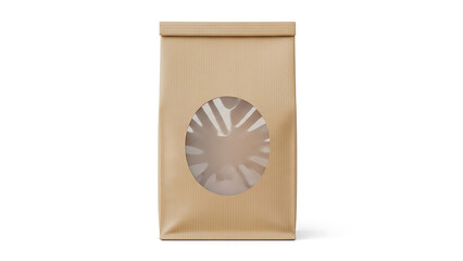 Blank brown kraft paper pouch with clear window for food packaging, eco friendly mockup bag isolated on white background