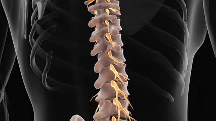 Detailed 3D Medical Animation of Human Lumbar Spine and Nervous System Pathways Illuminated on Dark Anatomical Background
