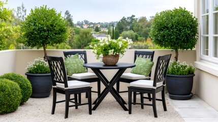 Fototapeta premium Outdoor patio dining setting with garden view