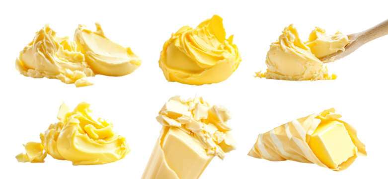 Melted creamy butter displays its smooth, rich texture, perfect for spreading on bread or cooking isolated on white transparent background.