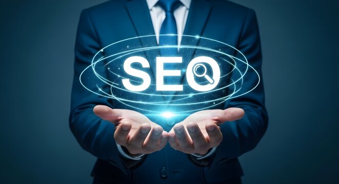 A man in a suit holds glowing SEO text with a magnifying glass icon, representing search engine optimization and digital marketing.