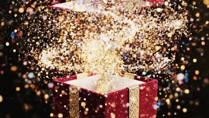 Red gift box opening with magical golden light and glitter particles. - Powered by Adobe