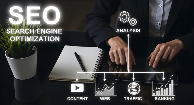 A person in a suit interacts with a digital interface displaying SEO analysis, content, web traffic, and ranking data, alongside a notebook and plant. - Powered by Adobe