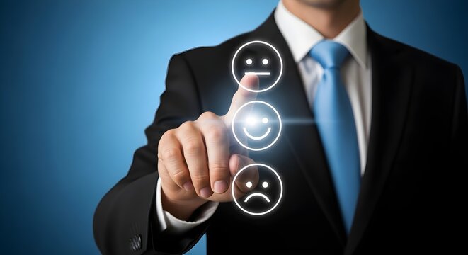 Businessman in suit selecting a happy face icon from a feedback survey on a digital interface, indicating positive customer experience. - Powered by Adobe