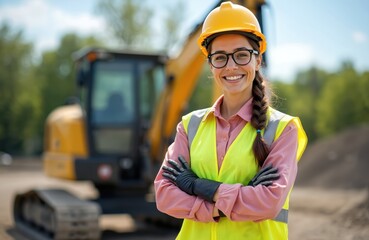 Cheerful young woman construction worker smiles. She wears yellow hard hat, reflective safety vest, black gloves, and glasses. An excavator is blurred in the background. Female engineer at job site.