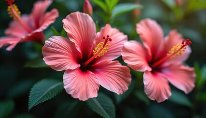 Pink hibiscus flowers in bloom. Large pink flowers with yellow stamens and green leaves. Fresh hibiscus blossoms in garden. Exotic tropical flowers. Closeup of pink floral.
