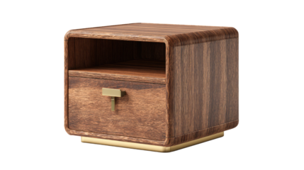 Modern dark wood nightstand featuring rounded edges, an open shelf, a brass-handled drawer, and elegant golden base. Contemporary furniture piece. background removed