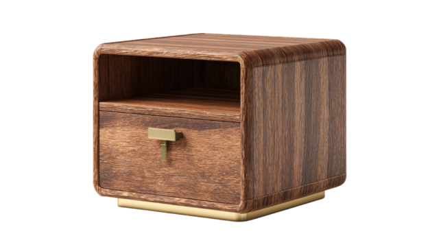 Modern dark wood nightstand featuring rounded edges, an open shelf, a brass-handled drawer, and elegant golden base. Contemporary furniture piece. background removed