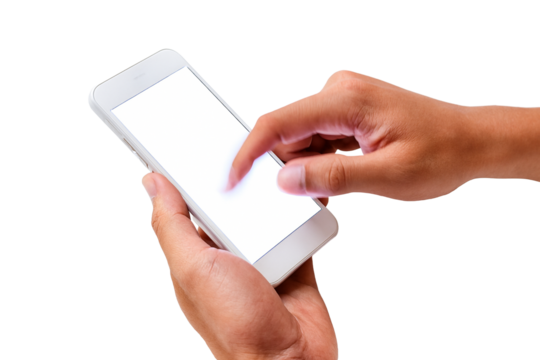 Hands interacting with blank smartphone screen, perfect for app mockups, website designs, and mobile advertising campaigns, showcasing modern technology.