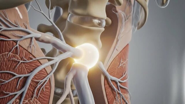 Detailed 3D Medical Animation of the Human Hip Joint Anatomy Featuring Skeletal Structure Muscular System and Nervous Pathways with Lumina Glow and Soft Lighting
