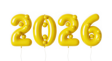 Yellow balloons forming the number 2026, isolated on transparent background