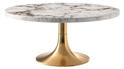 Elegant round table with a luxurious white marble top featuring distinct grey and gold veins, on a stylish brushed gold pedestal base. background removed