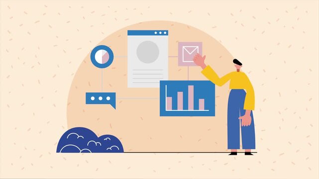 An illustration of a person interacting with email charts and web interfaces