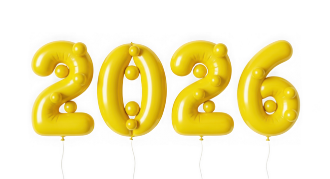 Yellow balloons forming the number 2026, isolated on transparent background