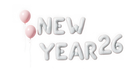 New year 2026 text made of balloons, isolated on transparent background