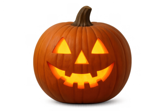 Jack-o'-lantern pumpkin carving glowing with spooky light for halloween, ready for celebration on a transparent background