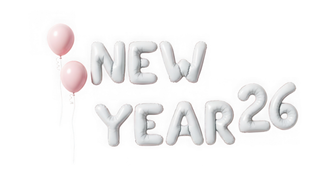 New year 2026 text made of balloons, isolated on transparent background