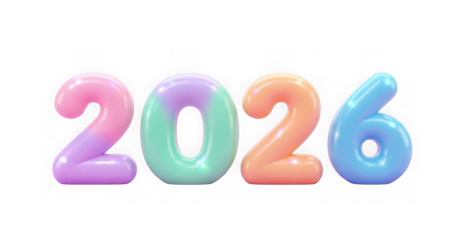 Colorful 3d numbers forming the year 2026, isolated on transparent background
