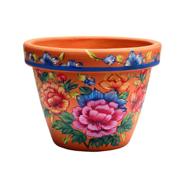 Vibrantly hand-painted terracotta pot featuring large, colorful floral designs in pink, red, and blue blossoms with green leaves on an orange background. background removed