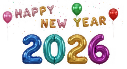 Happy new year 2026 text and numbers made of balloons, isolated on transparent background
