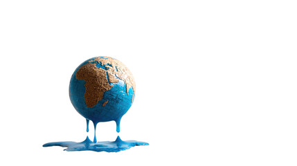 A melting globe with continents dripping blue liquid into a puddle, symbolizing global warming and urgent climate change crisis. background removed