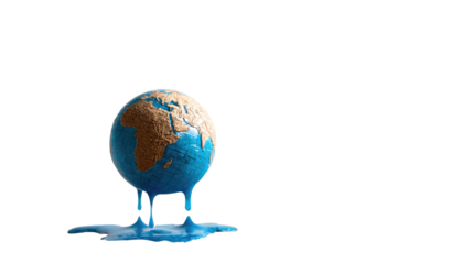 A melting globe with continents dripping blue liquid into a puddle, symbolizing global warming and urgent climate change crisis. background removed