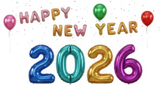 Happy new year 2026 text and numbers made of balloons, isolated on transparent background
