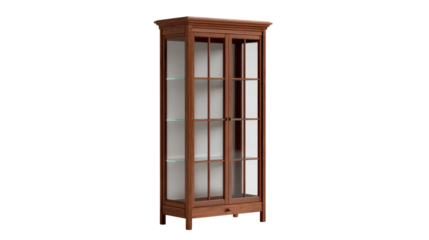 A tall, elegant wooden display cabinet with glass doors, multiple shelves, and a bottom drawer, perfect for showcasing collectibles. background removed