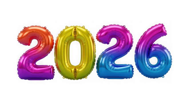 Colorful balloons forming the number 2026, isolated on transparent background