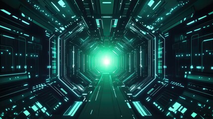 Futuristic cyberspace tunnel with bright green light