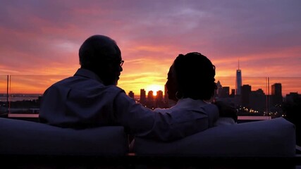 Senior couple enjoying sunset over city skyline romantic moment travel and retirement concept. (AI Generated) - Powered by Adobe