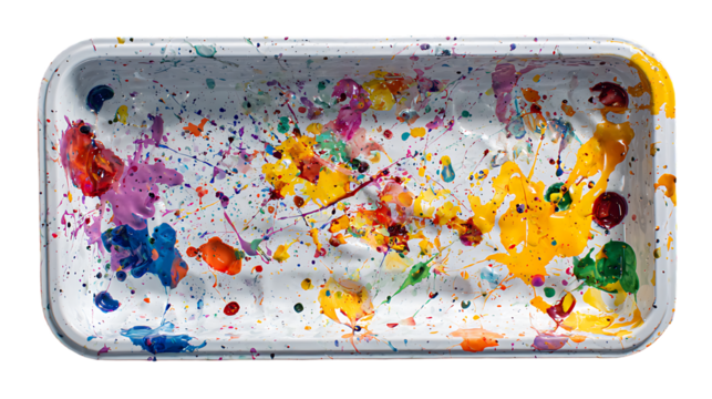 Paint splattered tray, isolated on transparent background