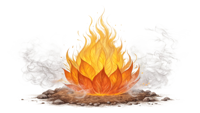 Burning flame illustration with smoke and rocks on the ground for graphic design projects and backgrounds on transparent background