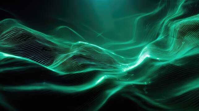 Green glowing wireframe waves representing data flow
