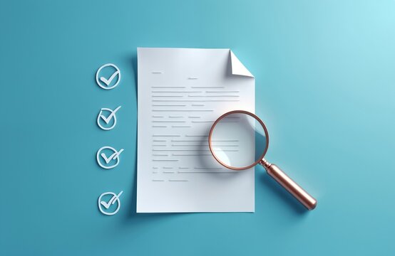 Paper document with list of checks and magnifying glass on blue background. This shows review process approval and data verification. Success and completion.