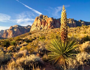 Desert landscape featuring a blooming yucca plant with mountains in the background