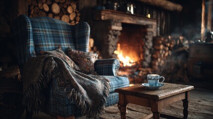 Naklejka premium Cozy living room with a warm fire and a cup of tea in a rustic cabin during a chilly afternoon