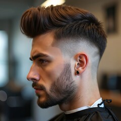 Obraz premium Man with stylish faux hawk haircut and faded beard posing in barber shop. Young guy gets modern hairstyle with sharp lines, looking confident. Professional hair styling for men.