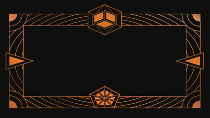 Bold Art Deco frame featuring orange geometric shapes, curved line pattern, and symmetrical ornament on a black background. Ideal for invitation, poster, certificate, retro design, and luxury layout
