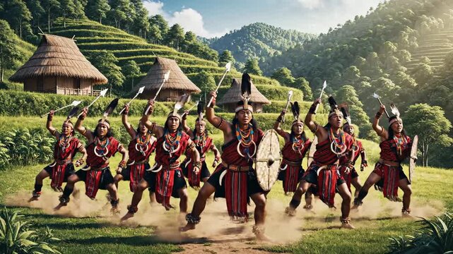 Cultural performance of a tribe, they are dance performance in traditional clothes and holding
